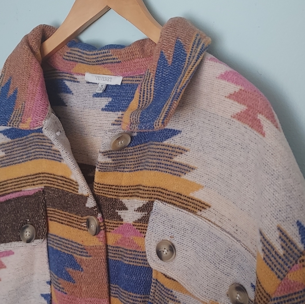 Veveret Colorful Aztec Sothwestern Western Duster Jacket Schacket Medium - Picture 5 of 13